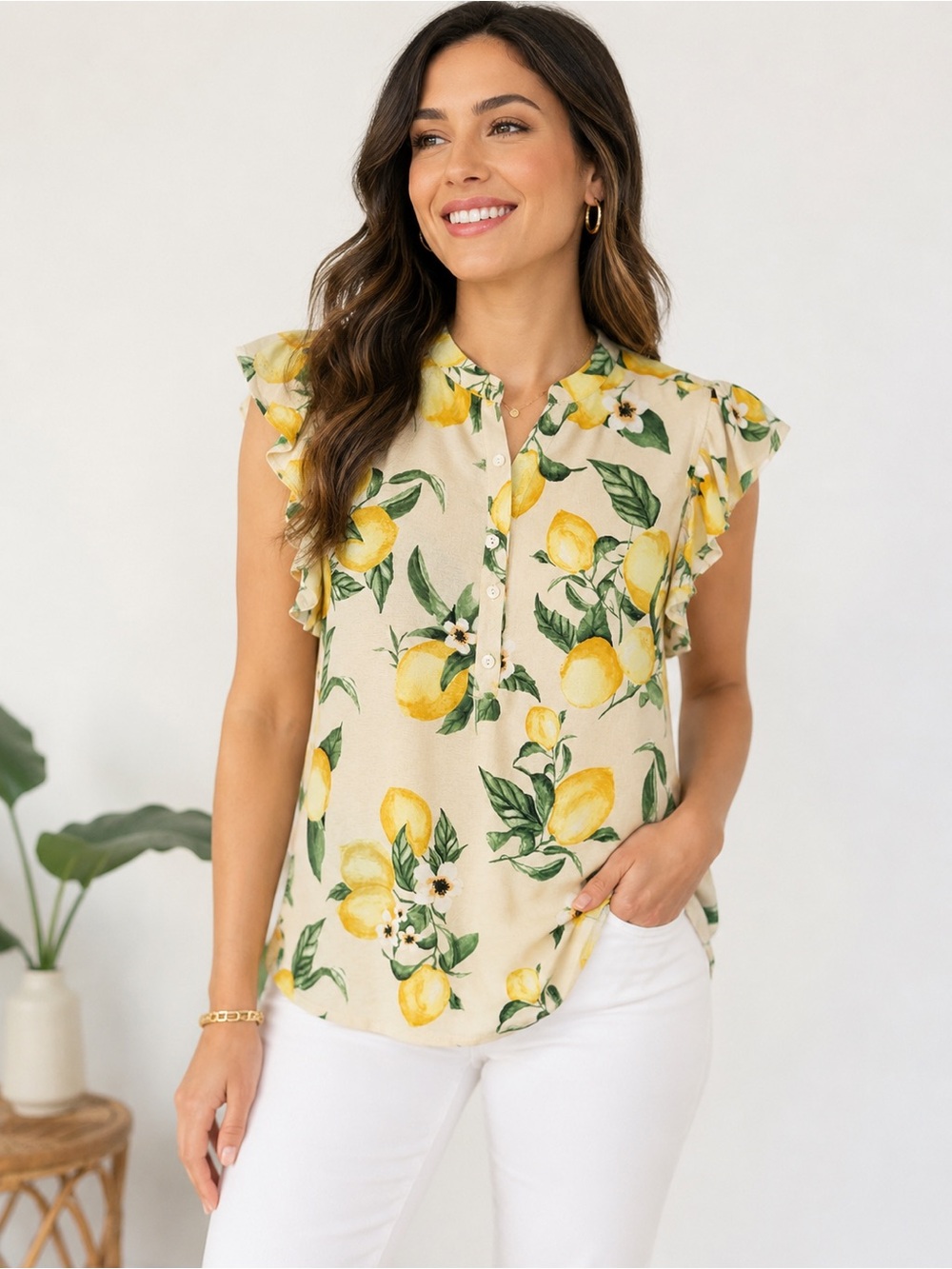 Belle by Belldini Lemon Print Ruffle Sleeve Blouse Size Medium